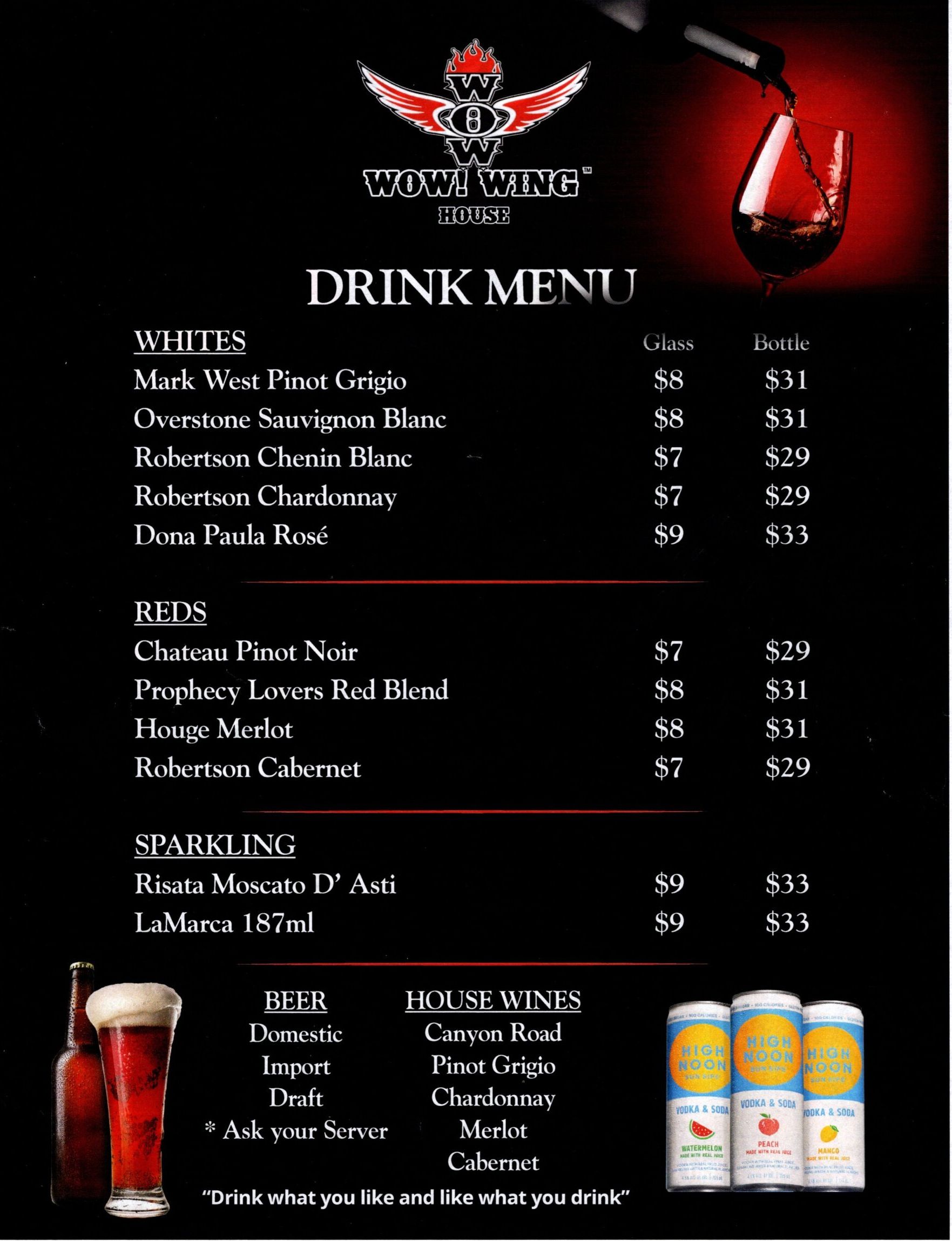 A drink menu for a restaurant with a glass of wine