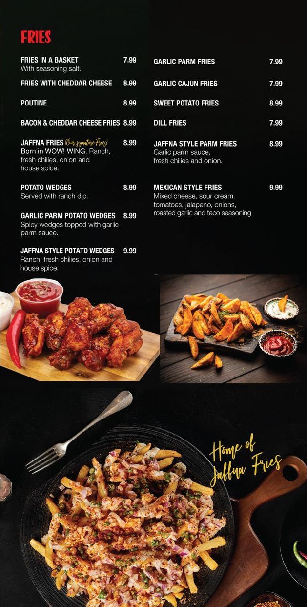 A menu for a restaurant with a picture of chicken wings and french fries.