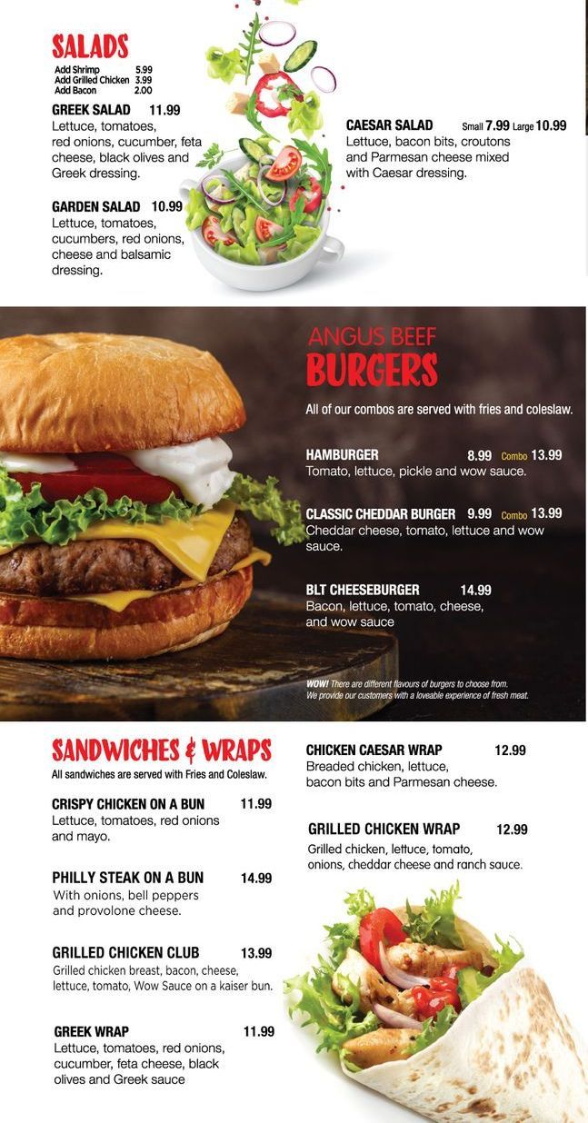 A menu for a restaurant with a picture of a hamburger and a salad.