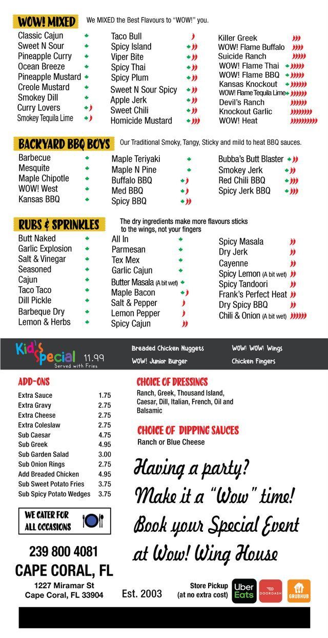A menu for a restaurant in cape coral florida
