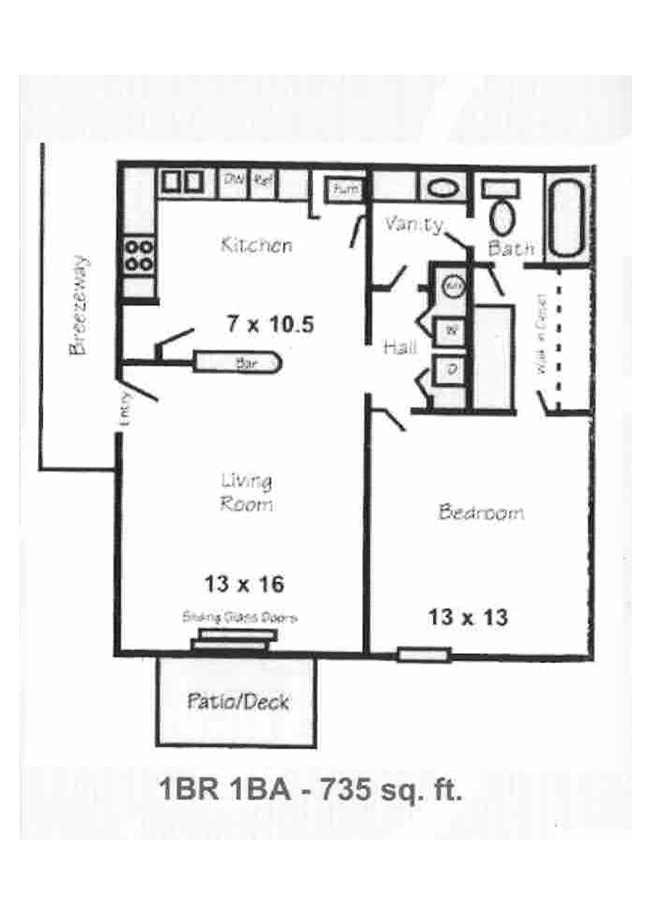 1 bedroom 1 bath floor plan, 735 square feet