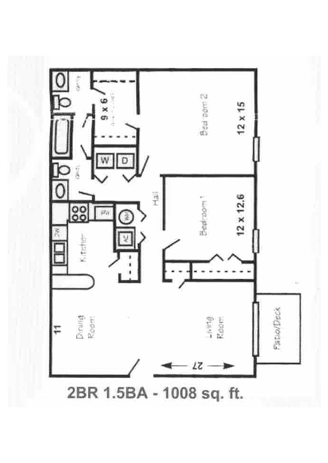 2 bedroom 1.5 bath floor plan, 1008 square feet