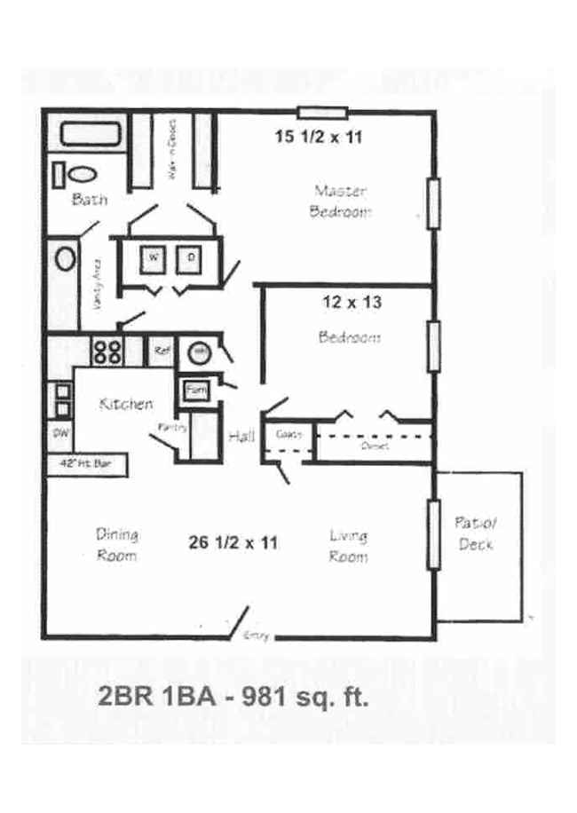 2 bedroom 1 bath floor plan, 981 square feet