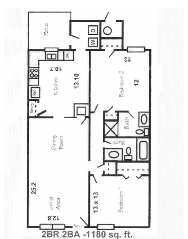 2 bedroom 2 bath floor plan, 1180 square feet