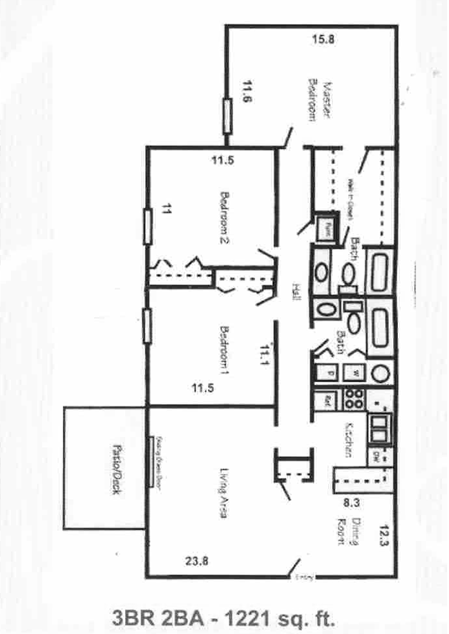 3 bedroom 2 bath floor plan, 1221 square feet