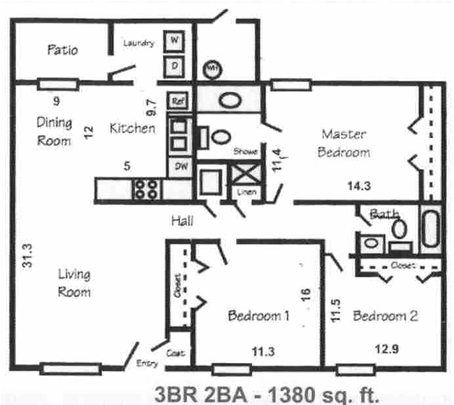 3 bedroom 2 bath floor plan, 1380 square feet