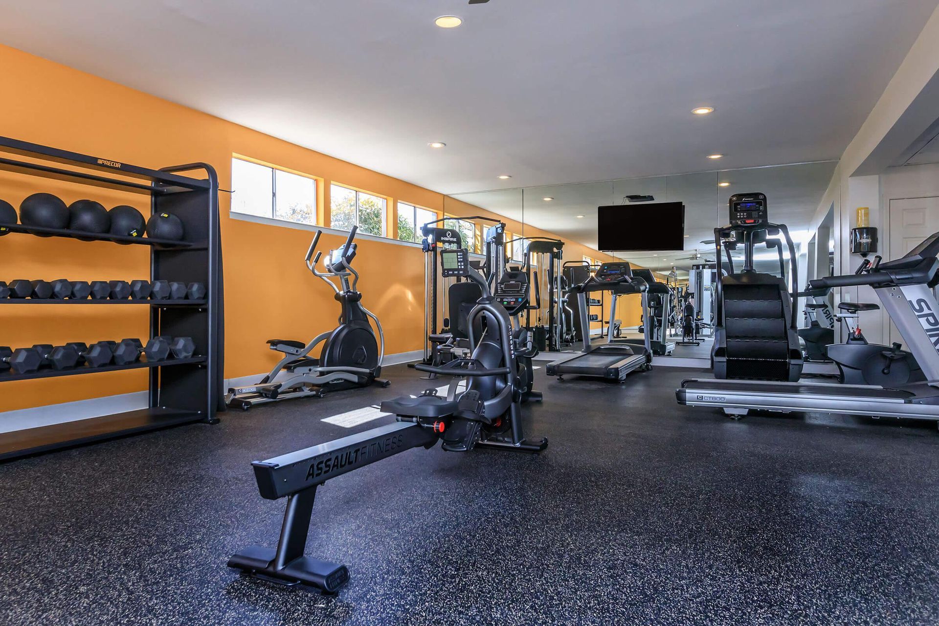 A large gym with a lot of equipment and a bench at Overbrook Apartments.