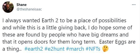 Tweet Shane Isaac over paaseierenjacht Earth 2 (Earth2.io)