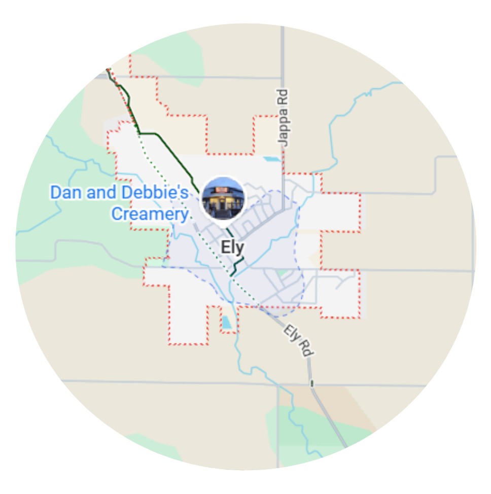 Map of Ely, including Dan and Debbie's Creamery and surrounding roads, in a circular frame.