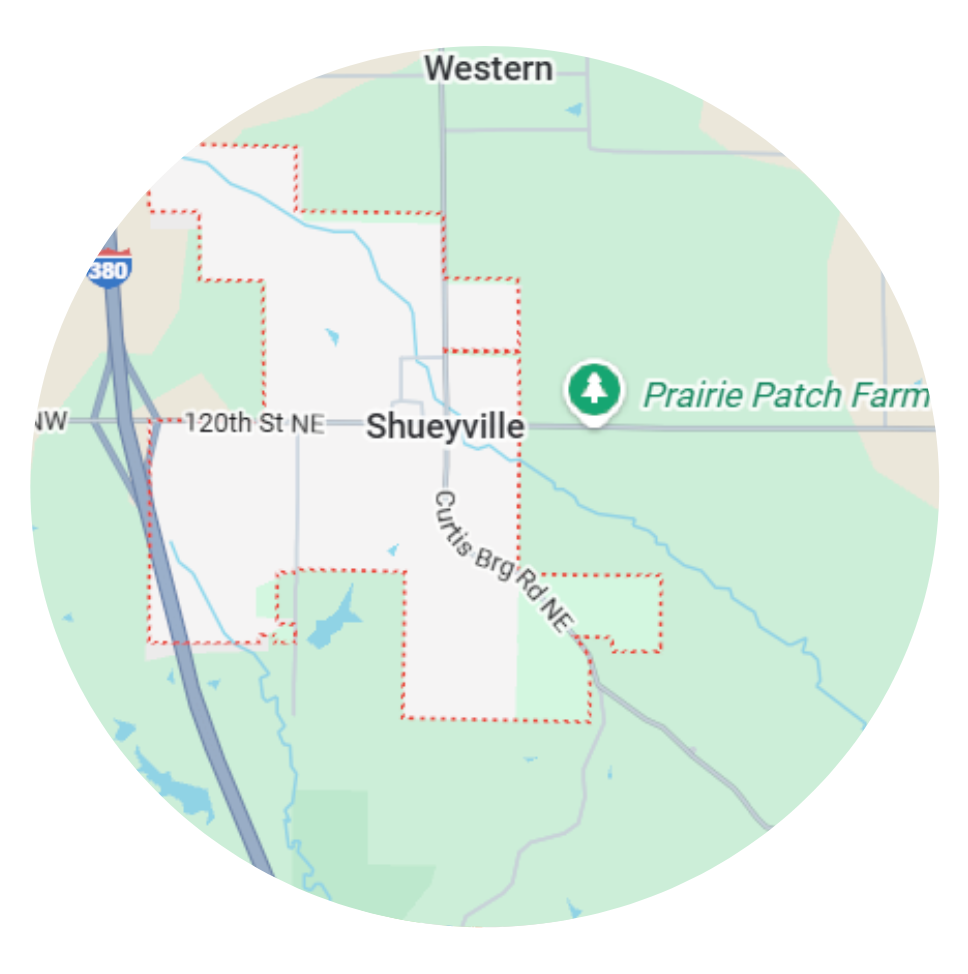 Map of Shueyville, Iowa, showing roads, buildings, and Prairie Patch Farm.