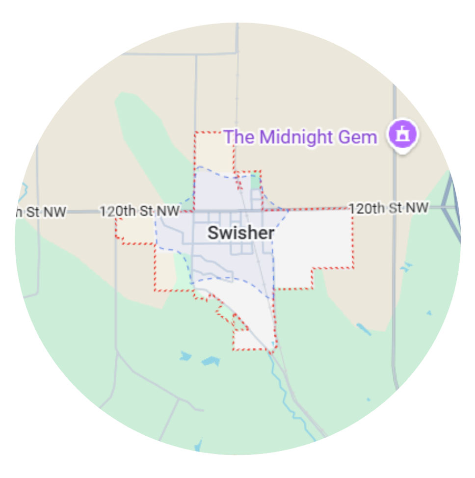 Map of Swisher, Iowa, within a white circle, showing roads and nearby businesses.