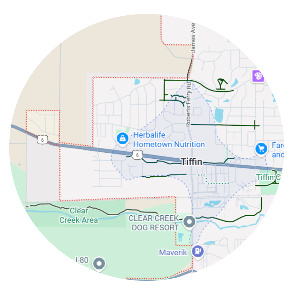 Map of Tiffin, Ohio, with locations of businesses like Herbalife, Clear Creek Dog Resort, and Maverick.