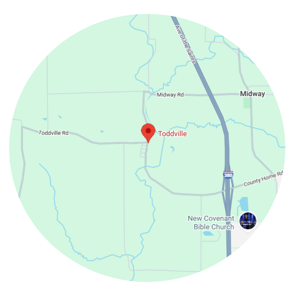 Map of Toddville, Iowa, marked with a red pin, showing roads and surrounding areas.