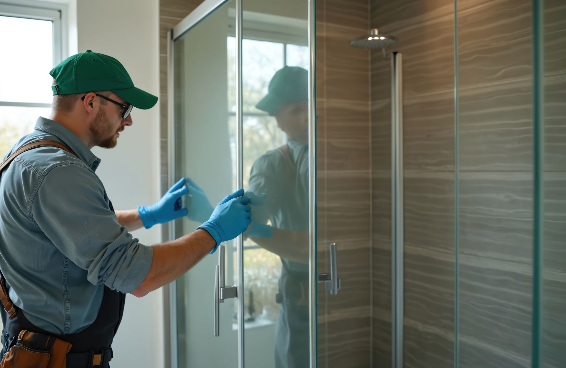 Man cleaning glass shower door, showcasing proper shower door installation techniques. Man cleaning glass shower door, showcasing proper shower door installation techniques.