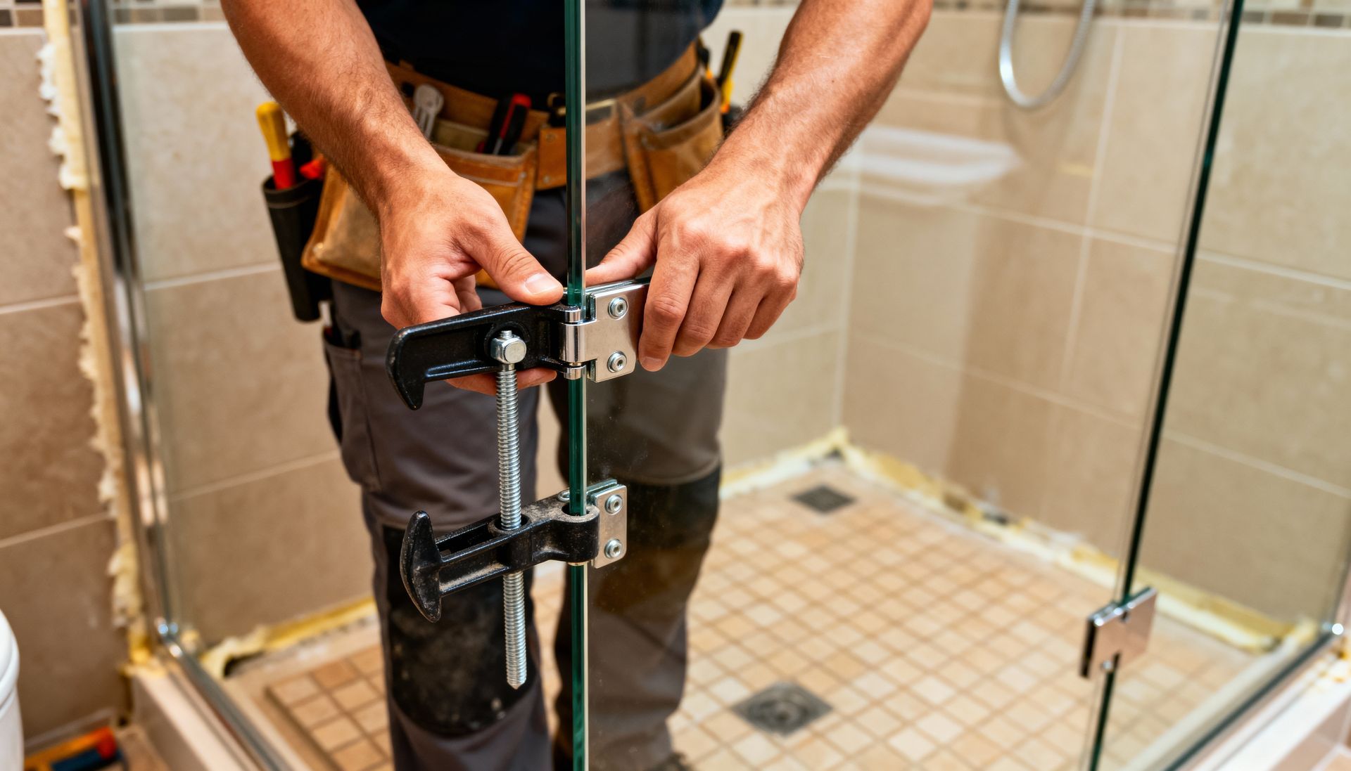 A man adjusting a shower door, demonstrating skills in shower door installation and maintenance. A man adjusting a shower door, demonstrating skills in shower door installation and maintenance.
