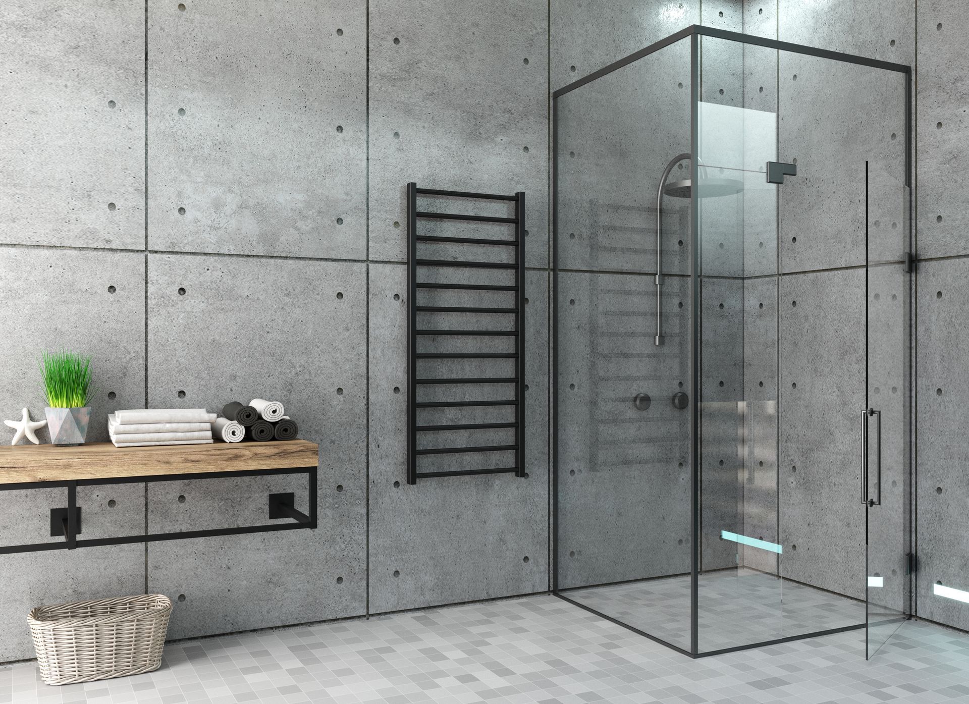 Modern bathroom with glass shower and concrete walls.