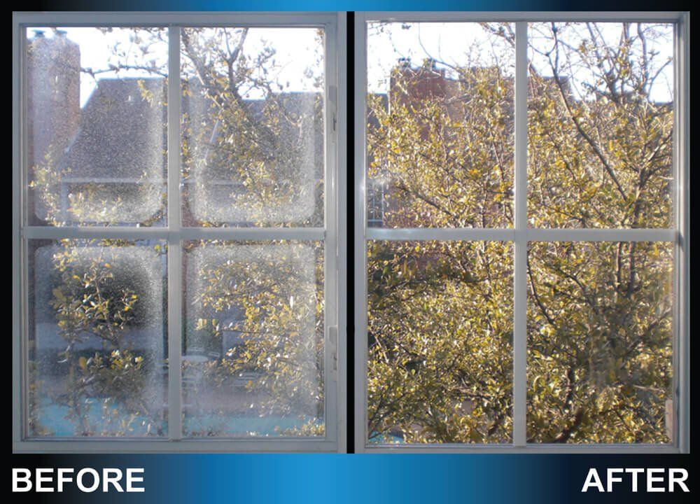 Before and after showing a window clouded with condensation, then clear.