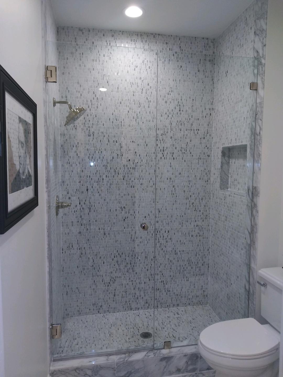 A modern bathroom with a glass-enclosed shower with a mosaic-tiled interior, and a toilet. A framed picture hangs on the wall.