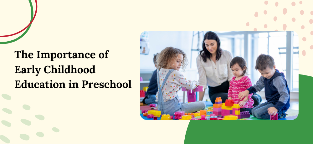 Preschool teacher and children playing with colorful blocks on the floor.