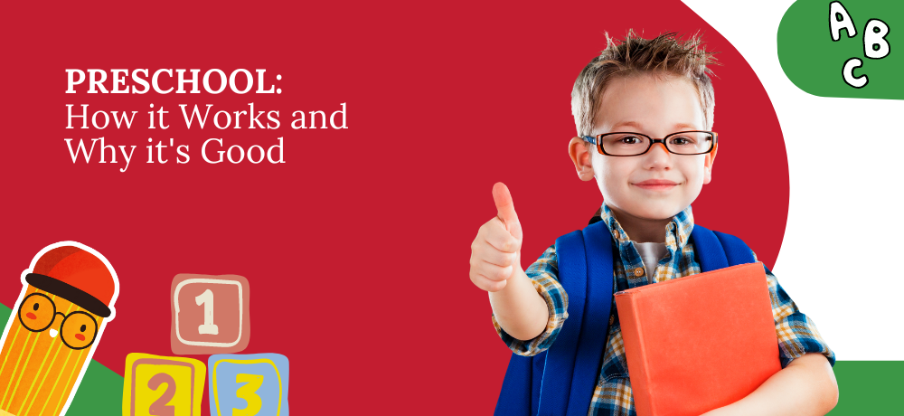 Boy giving thumbs up, holding book. Advertisement about preschool.