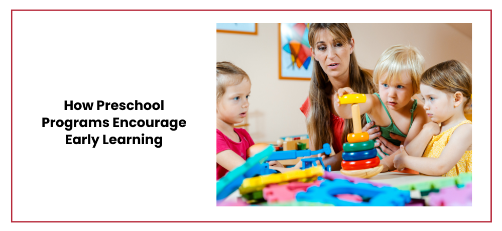 Teacher and three preschool children playing with colorful blocks.