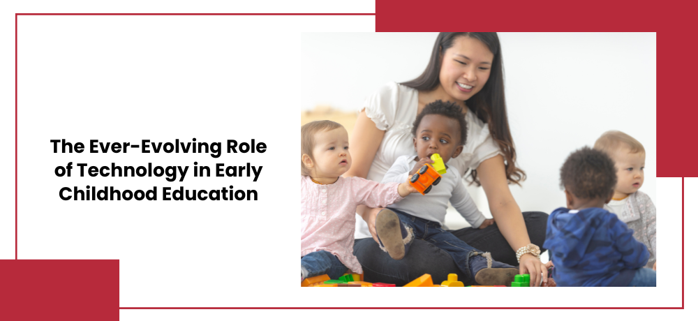 A teacher with four toddlers. The children are of different races, and they are playing with toys.