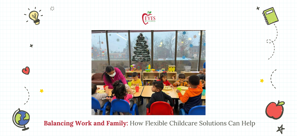 Children at a daycare with a teacher, Christmas tree in the background.