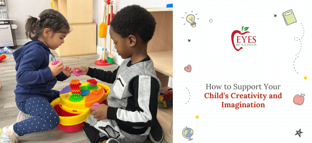 Two children playing with a colorful toy in a classroom. White background, text: 