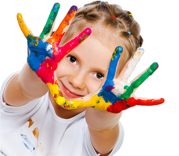 Girl smiling, holding out hands covered in colorful paint.