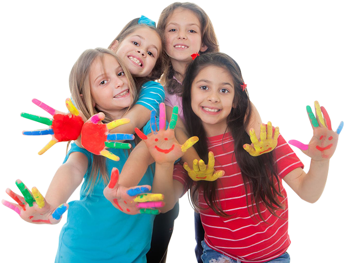 Four smiling children with painted hands, showing off their art, white background.