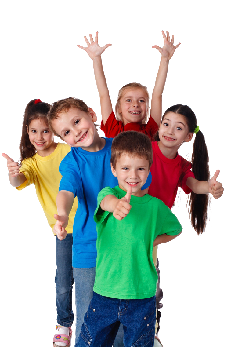 Group of smiling children, various colors, giving thumbs-up and raising hands in excitement, isolated on white background.