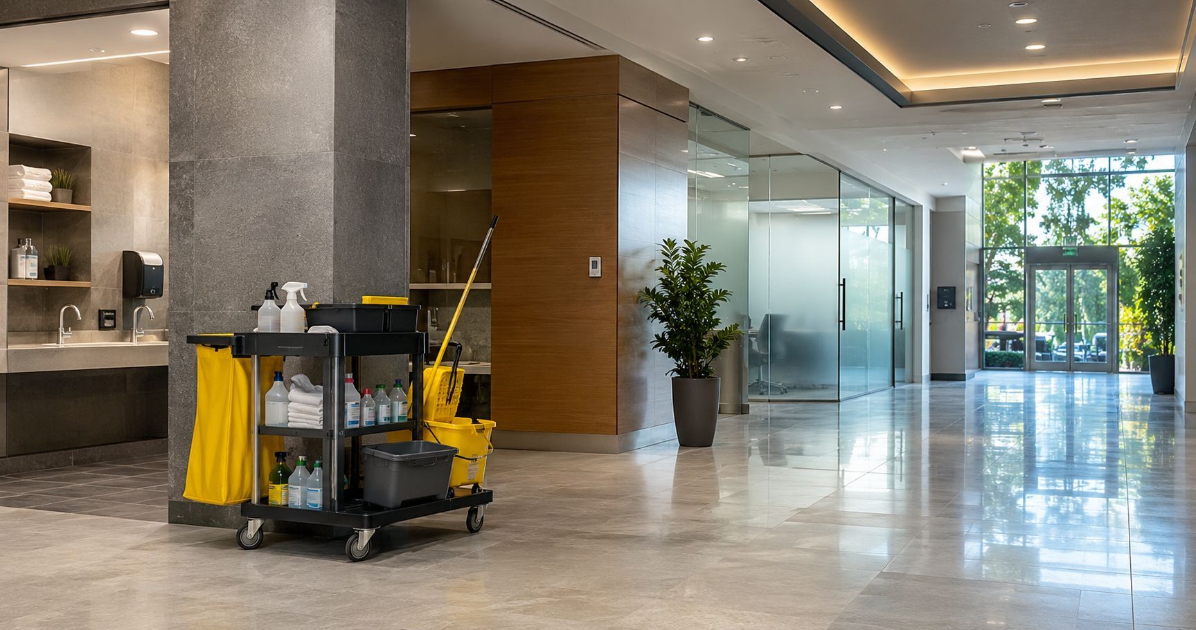 Modern hotel lobby with polished marble floors, glass doors, and a housekeeping cart with yellow cleaning cloths.