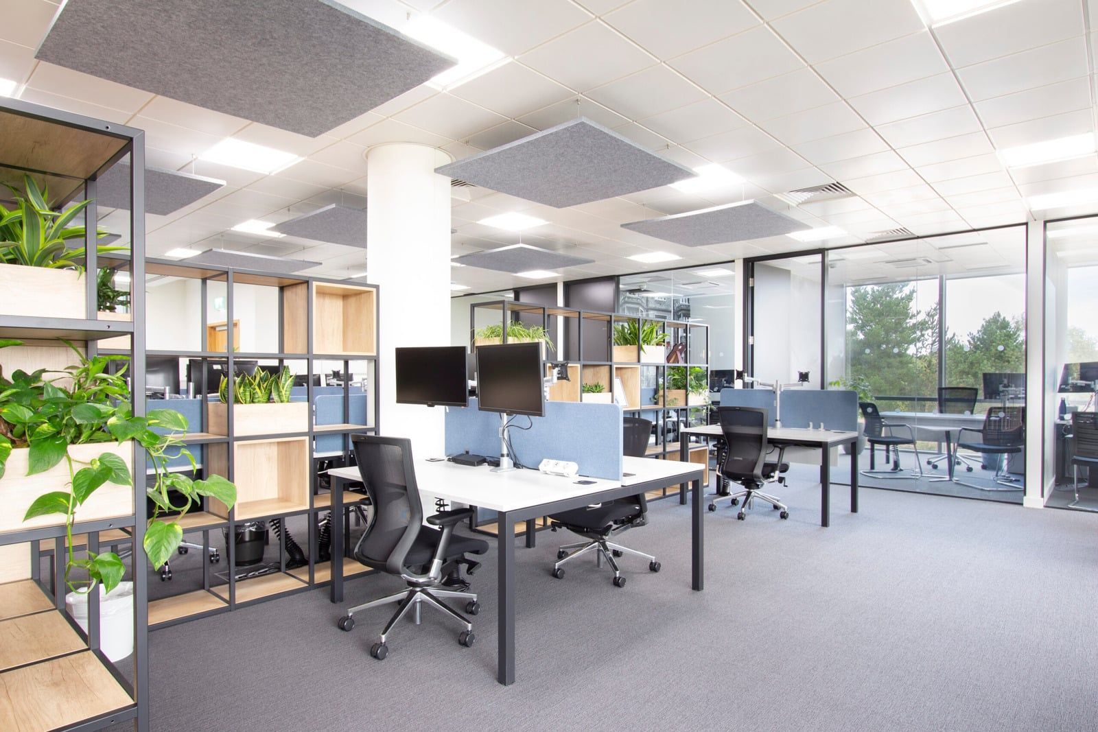 Modern open-plan office with desks, chairs, shelving, and large windows overlooking trees