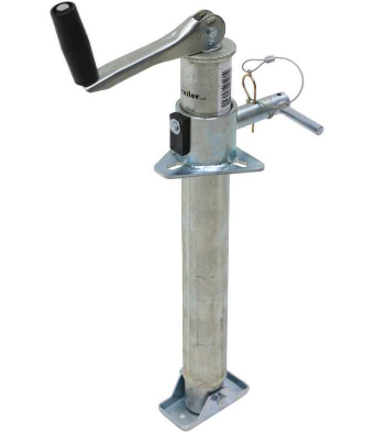 Metal trailer jack stand with crank handle and mounting plate on a gray post