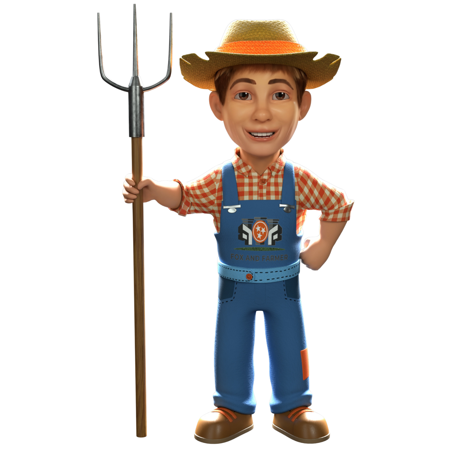 Cartoon farmer with a pitchfork, wearing overalls, straw hat, and smiling.