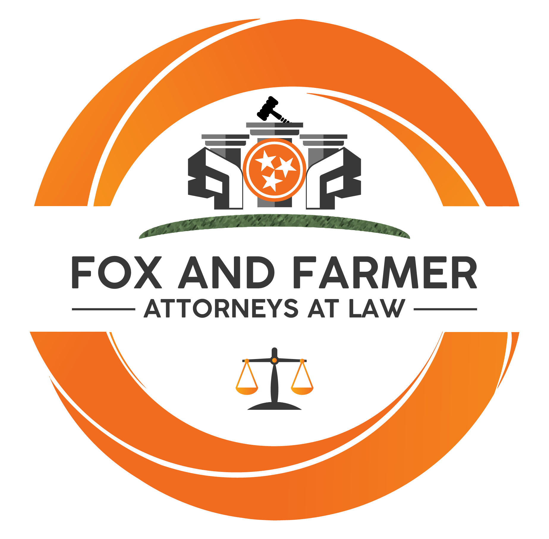A logo for fox and farmer attorneys at law