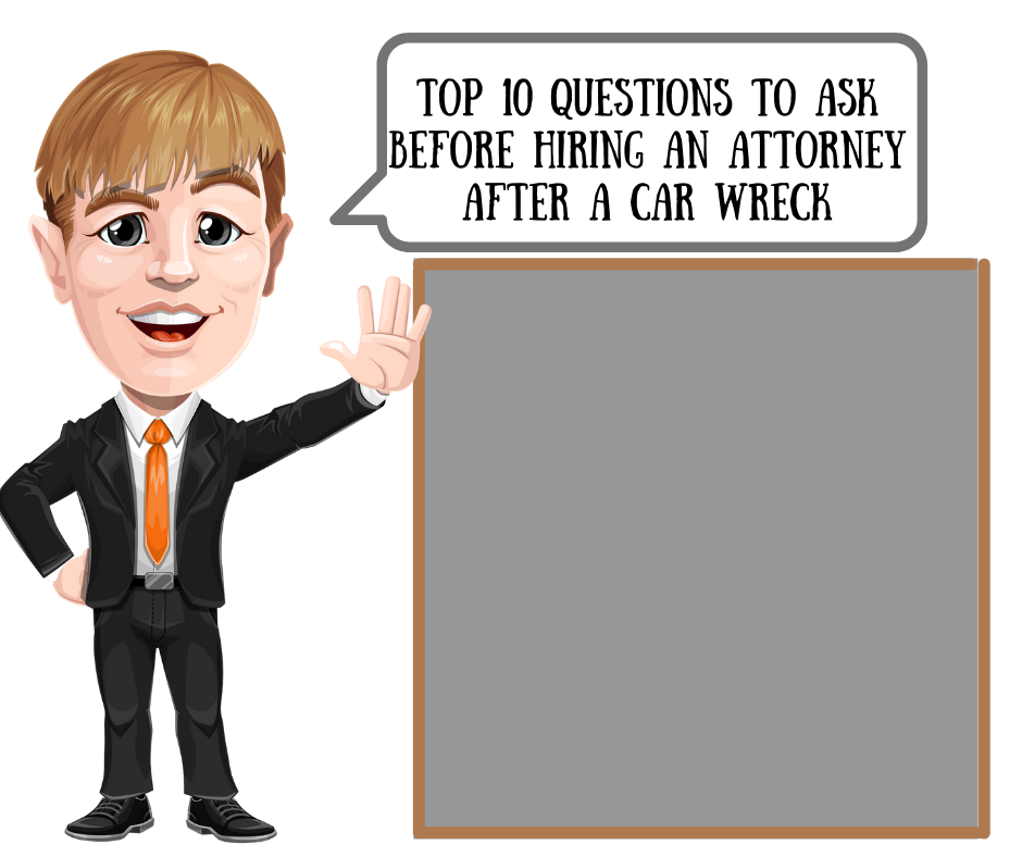 A man in a suit and tie is standing next to a sign that says top 10 questions to ask before hiring an attorney