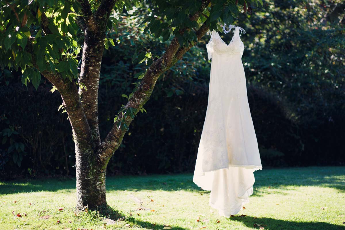 Bandon Wedding -  wedding dress hanging on tree branch in autumn light