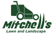 The logo for mitchel 's lawn and landscape shows a lawn mower.