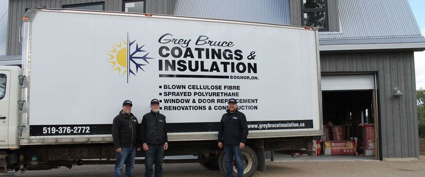 An image of Richard, Gord and Dylan from the Grey Bruce Coatings & Insulation team standing in front of their commercial truck.