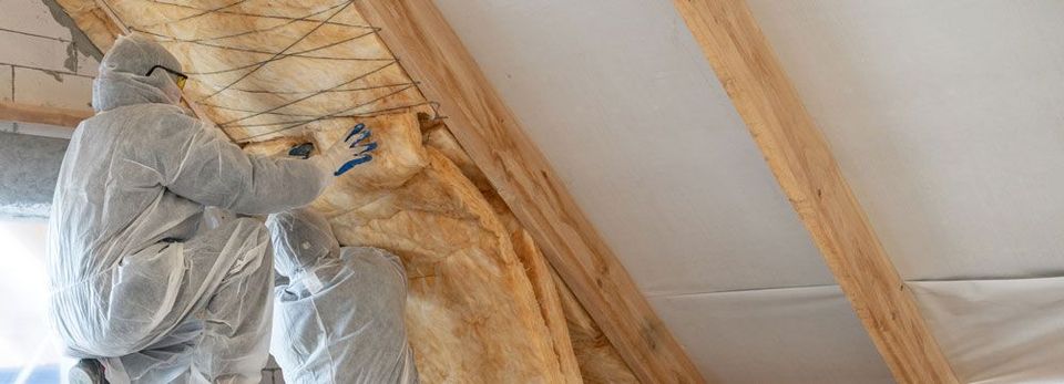 An image of an insulation expert installing cellulose fibre to an attic space