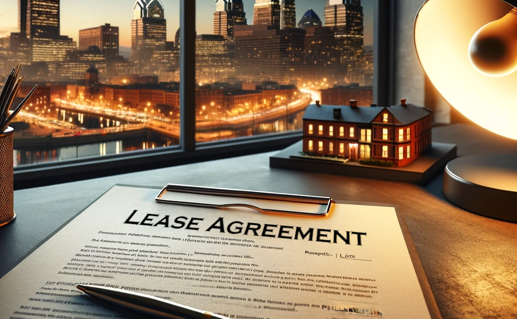 Lease Agreement document sitting on a desk in an office with a view of Philadelphia skyline.