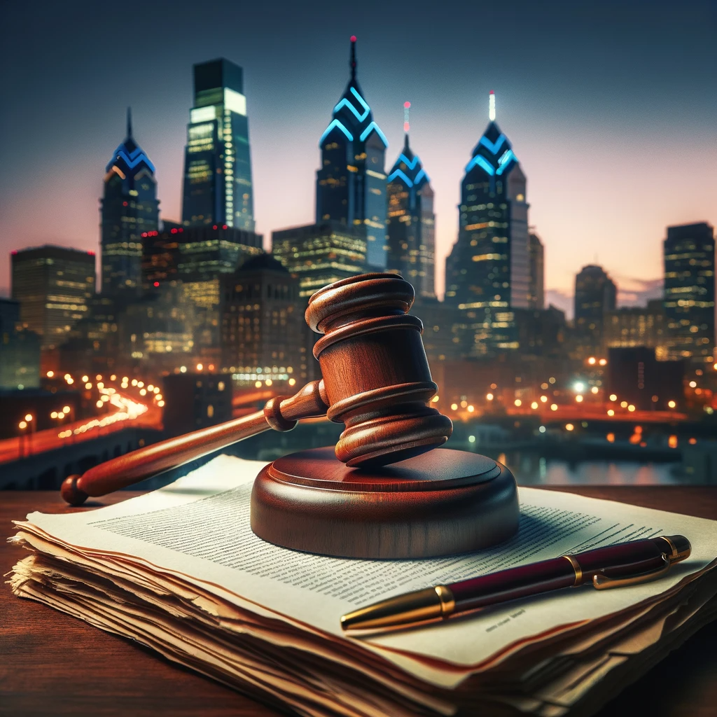 Gavel resting atop a stack of legal papers. Nighttime view of Philadelphia skyline in background.
