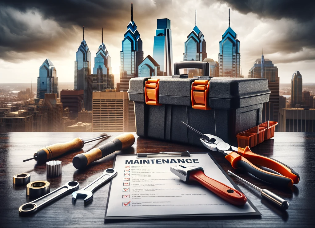 Toolbox, tools, and maintenance checklist in front of Philadelphia skyline.
