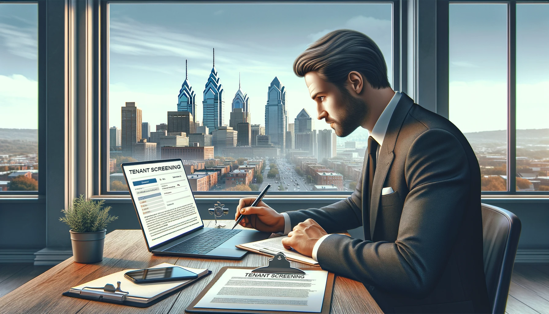 Businessman performing tenant screening in a highrise office overlooking the Philadelphia skyline.