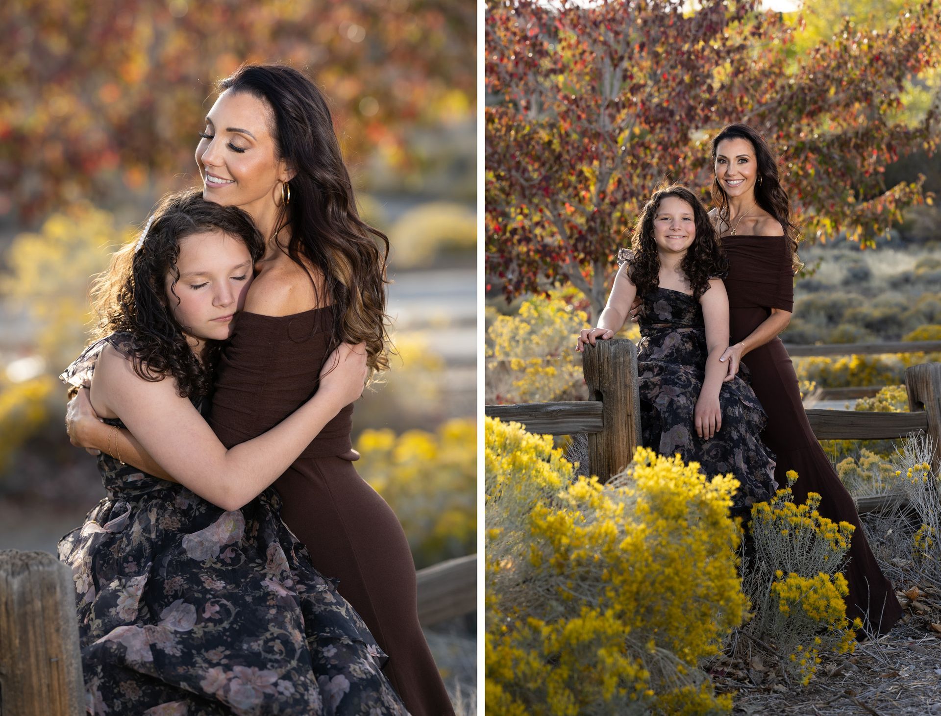 Multi-generation family portrait in cozy orange and blue outfits with colorful aspen leaves in the background.