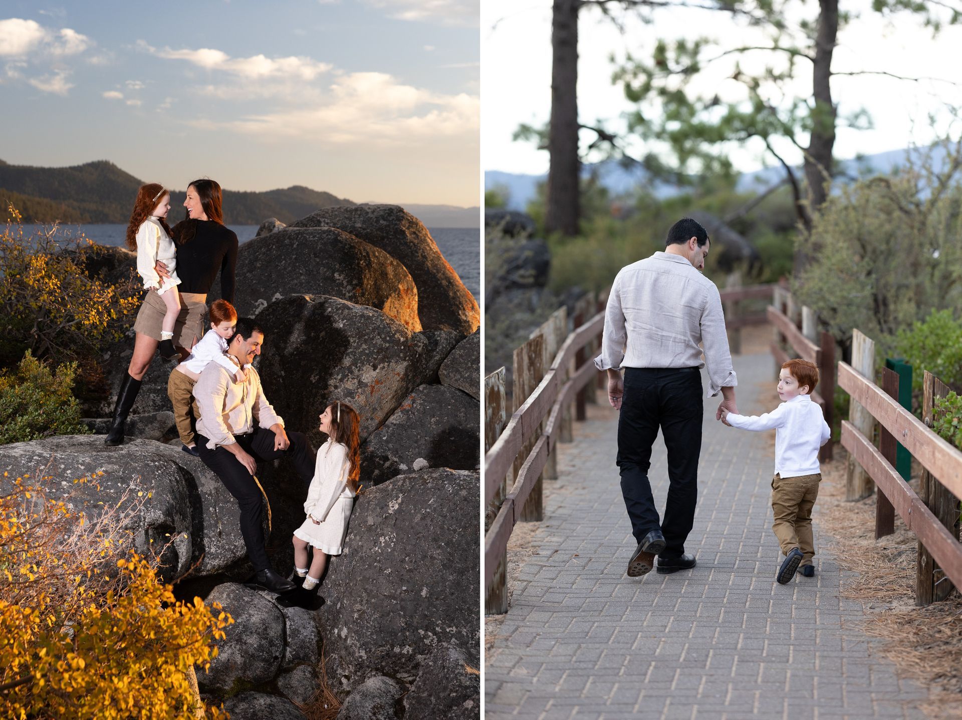 Family walking along the North Lake Tahoe shoreline at sunset during a relaxed lifestyle photo session.