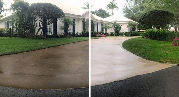 A before and after photo of a driveway in front of a house.
