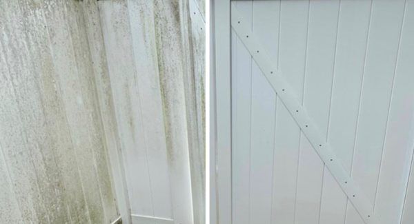 A before and after picture of a dirty shower curtain and a clean shower door.