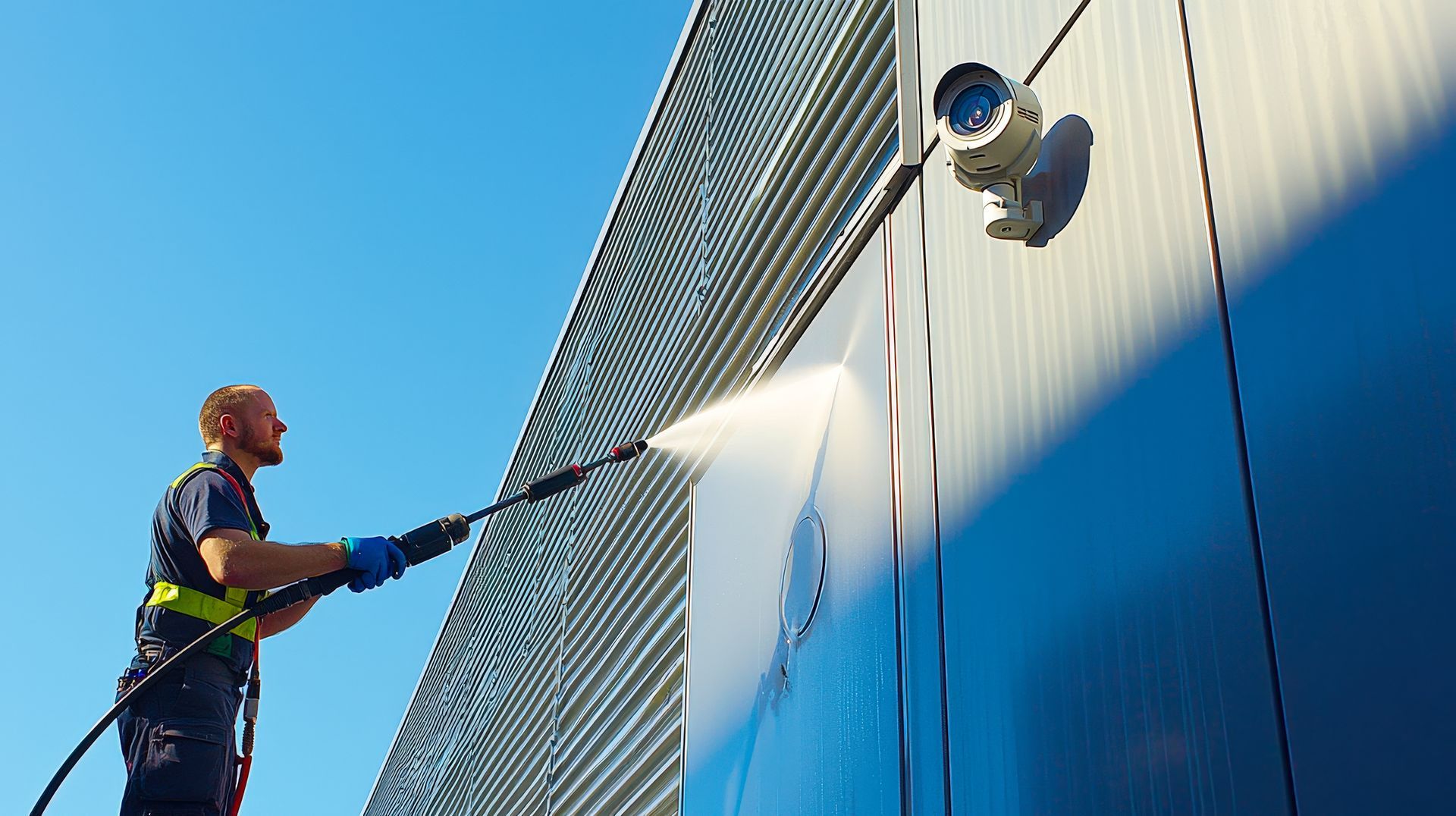 A man is cleaning a building with a high pressure washer.